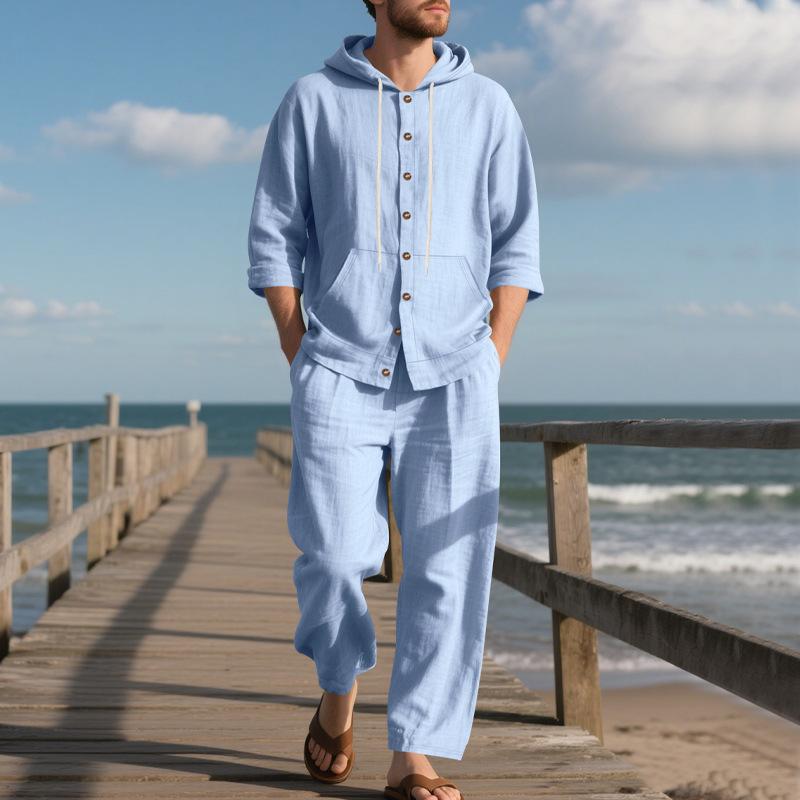 

Мужской весенний повседневный льняной пляжный костюм с капюшоном: рубашка с длинным рукавом и брюки XL светло-синий