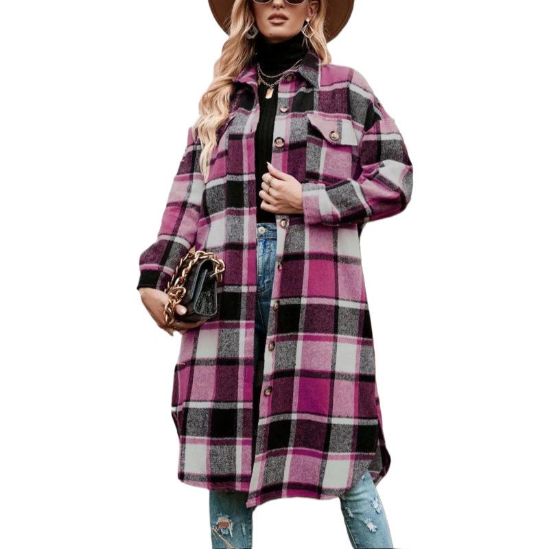 Women's Mid-Length Plaid Long Sleeve Loose Woolen Coat for Autumn/Winter, Plus Size
