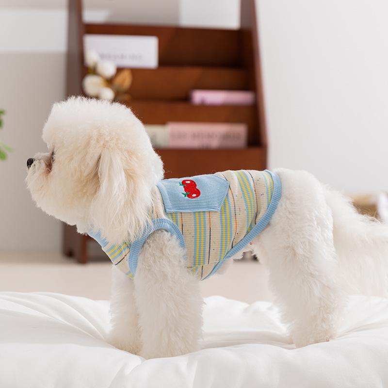 New Dog Clothes Spring and Summer Cherry Embroidered Colored Dot Striped Vest Teddy Bear Small Dog Cat Clothes