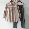 2Pcs/Set Lapel Long Sleeve Single Breasted Mid-rise Pockets Casual Outfit Striped Print Shirt Solid Color Pants Set