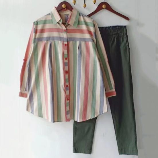 2Pcs/Set Lapel Long Sleeve Single Breasted Mid-rise Pockets Casual Outfit Striped Print Shirt Solid Color Pants Set