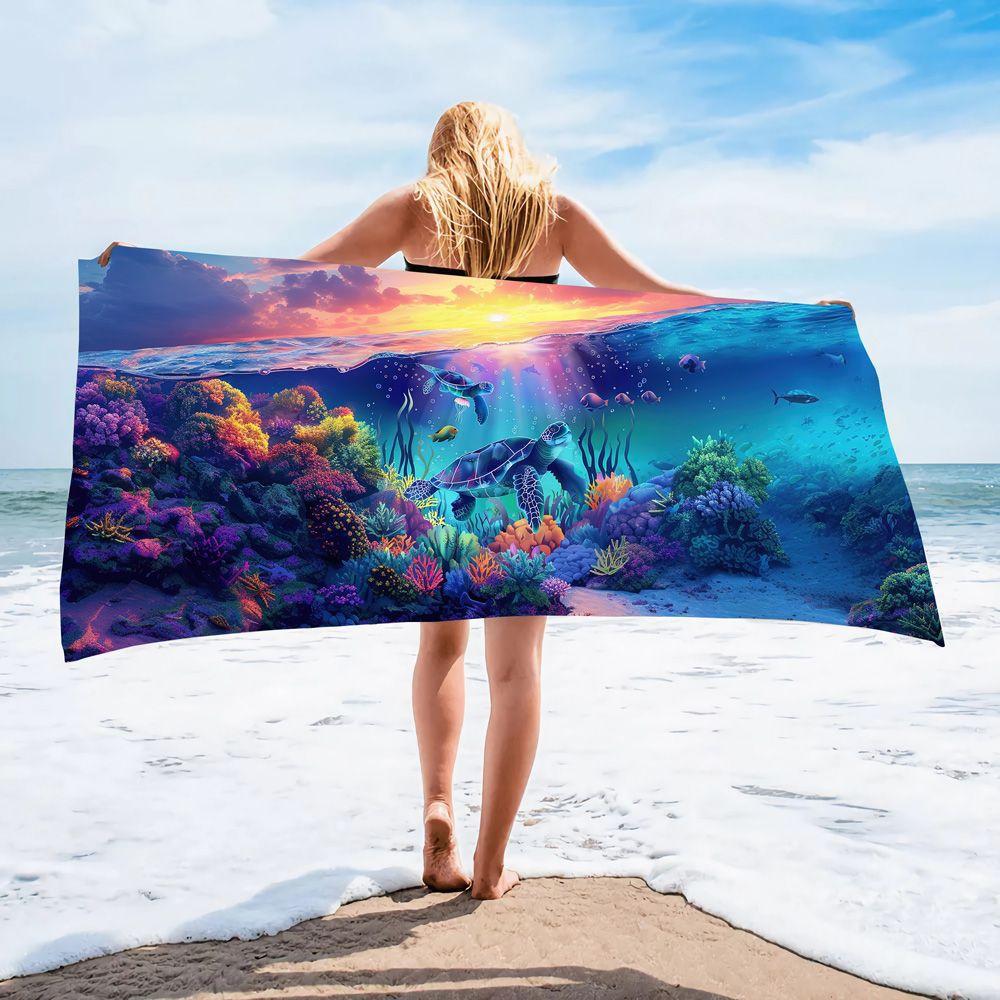 Popular Ocean Turtle Pattern Beach Towel Microfiber Absorbent Bath Towel Quick-Drying Double-Sided Velvet Beach Blanket