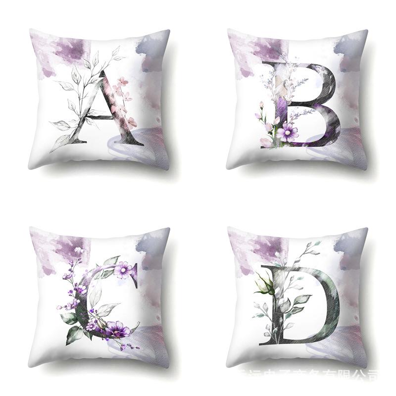 Polyester Pillowcase Home Watercolor Flower Print Pillowcase 26 English Letters Bedside Cushion Cover