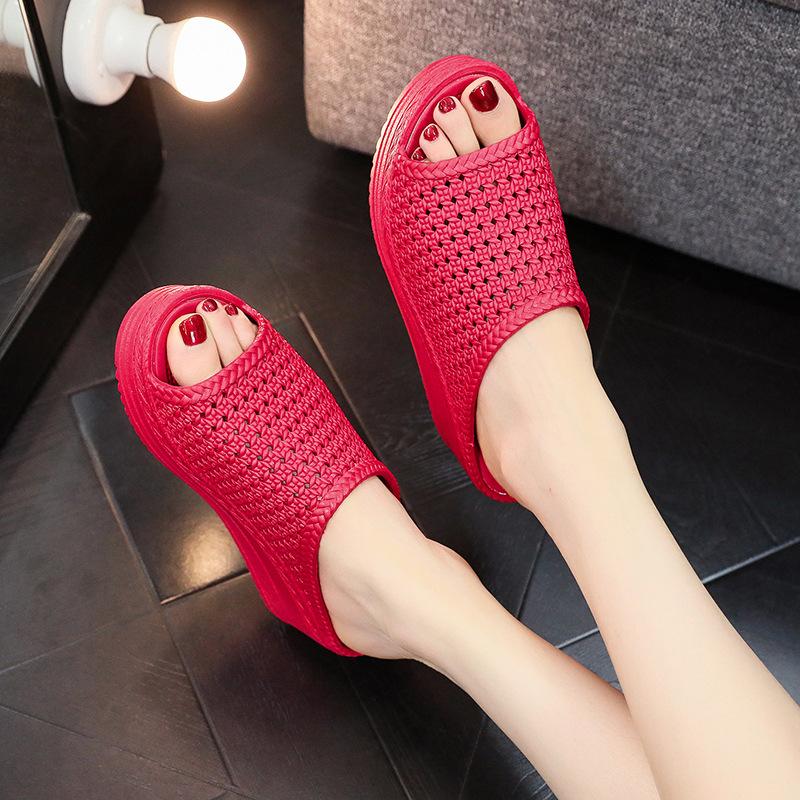 Cool Slippers Women Summer Slope Heel Thick Sole Wear Beach Shoes, Mesh Hollow Slippers Foreign Trade Wholesale