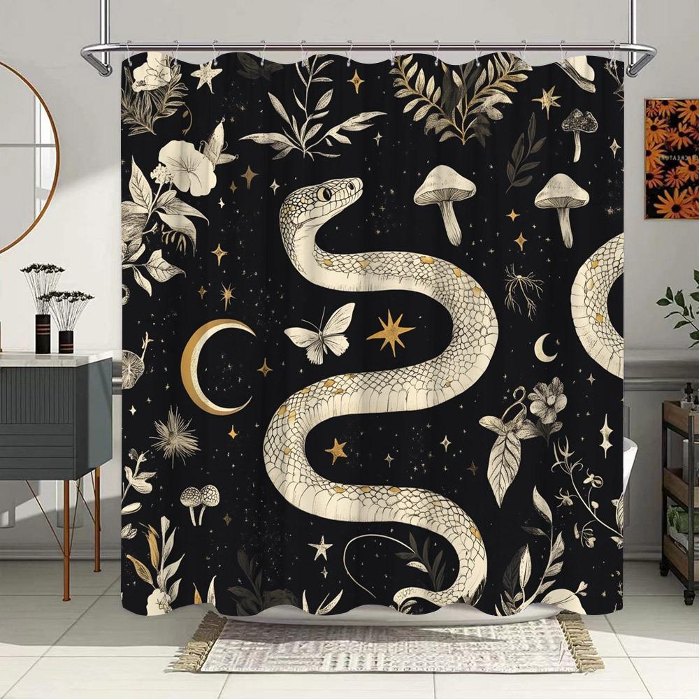 

1Pc Serpentine Snake & Botanicals Digital Art Shower Curtain, Fantasy Style With Golden Patterns, Black Background, Polyester W60H190(CM)-1 Pcs