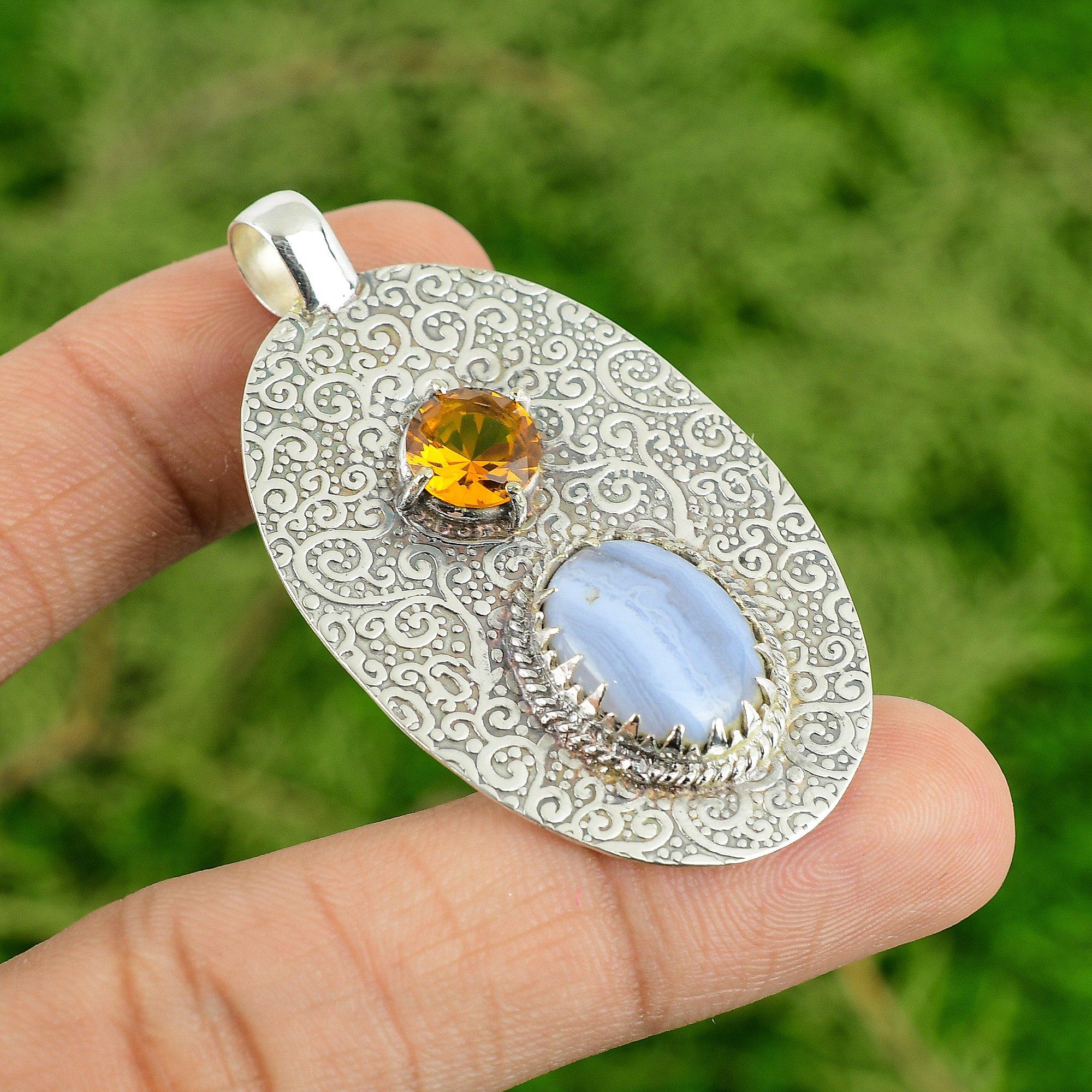 

Daughters Day Sale 925 Silver Oval Blue Lace Agate Stone Citrine Bezel Pendant