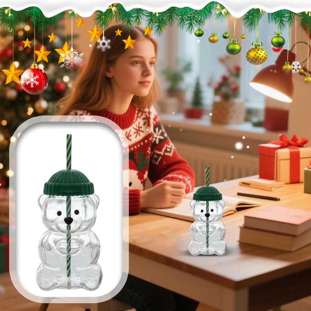 Bear-Shaped Glass Straw Cup: Cute Transparent Design, Green Hat Water Cup