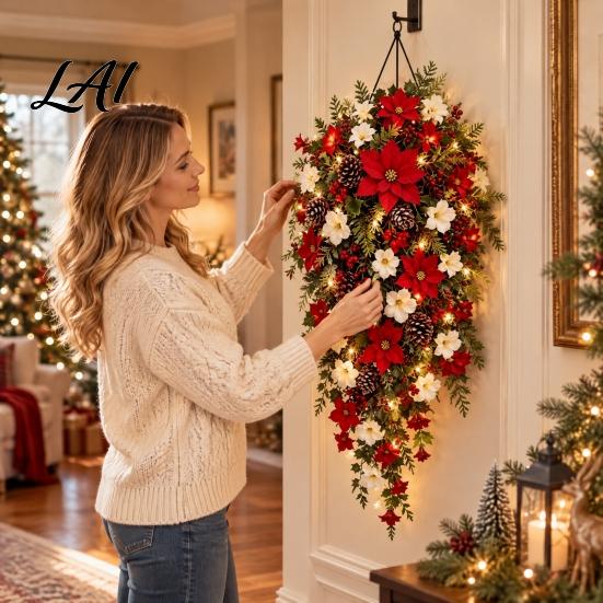 Upside Down Layered Garland Pre-Lit Christmas Teardrop Swag Decoration Lighted Door Wreath with Artificial Pine Lights Poinsettia Cones for