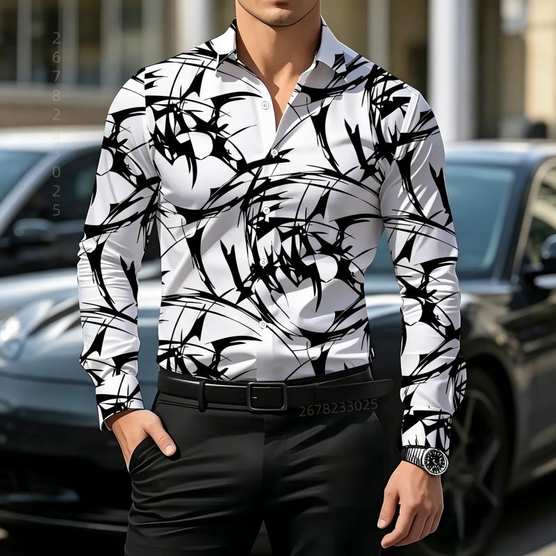 Street style men's shirt, personalized printed shirt, black base floral slim fit long sleeved business casual versatile top