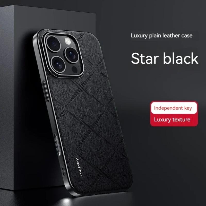 

Для iPhone 13 14 15 16 Pro Max Полностью Защитный Чехол С Гальваническим Бампером Ударопрочный Нескользящий Кожаная Задняя Крышка Чехлы для Телефона For IPhone 15 чёрный