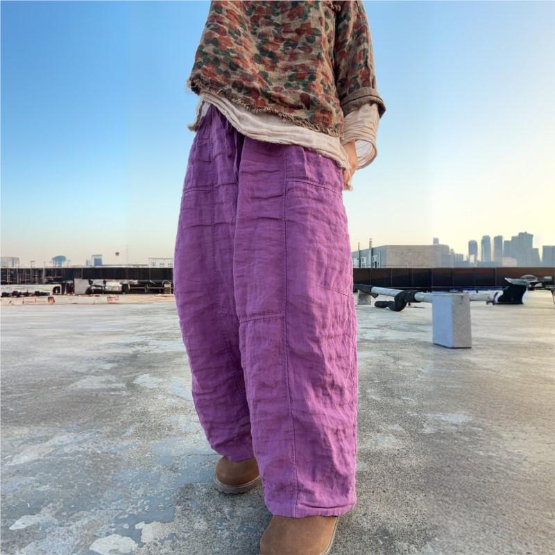 Johnature Dámské vintage kalhoty se širokými nohavicemi, jednobarevné, patchworkové, podzimní kalhoty, elastický pas, volné dlouhé kalhoty