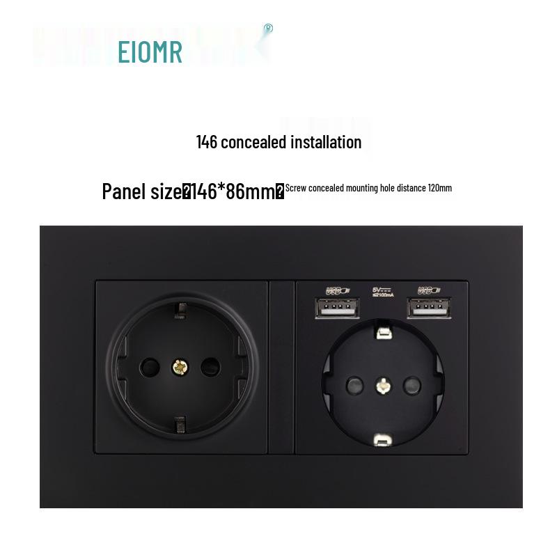 Black 16A German Standard Socket Panel with Double USB + Type C, Concealed European Installation