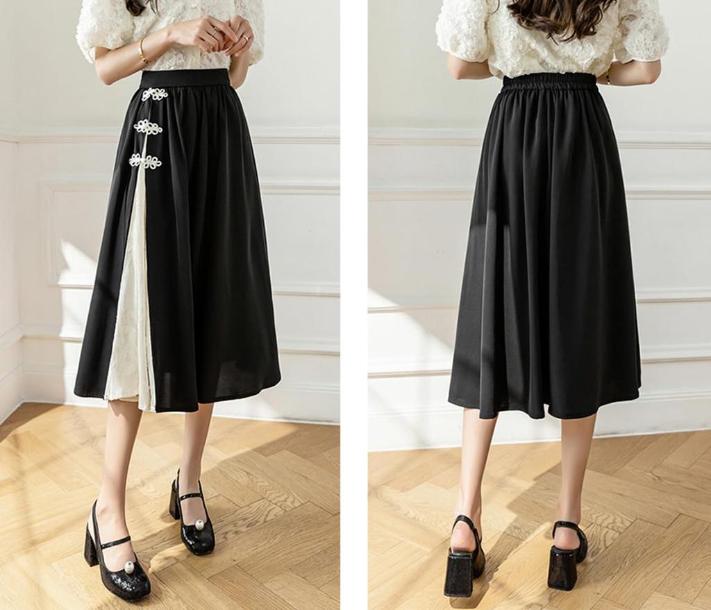 TAHALI Skirt with Chinese Pleated Black Skirt for and Fall Long, High-Waisted, A-Line Buttons, Chinese-Style Spring, Summer, (Size M, Black)