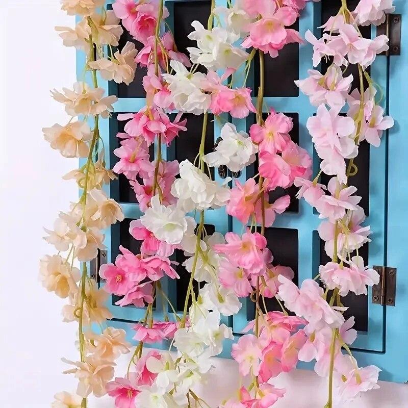 1pc Artificial Sakura Wall Hanging Vine, DIY Wreath Accessories, Wedding Home Office Arch Arrangement Decoration, Spring SummerR