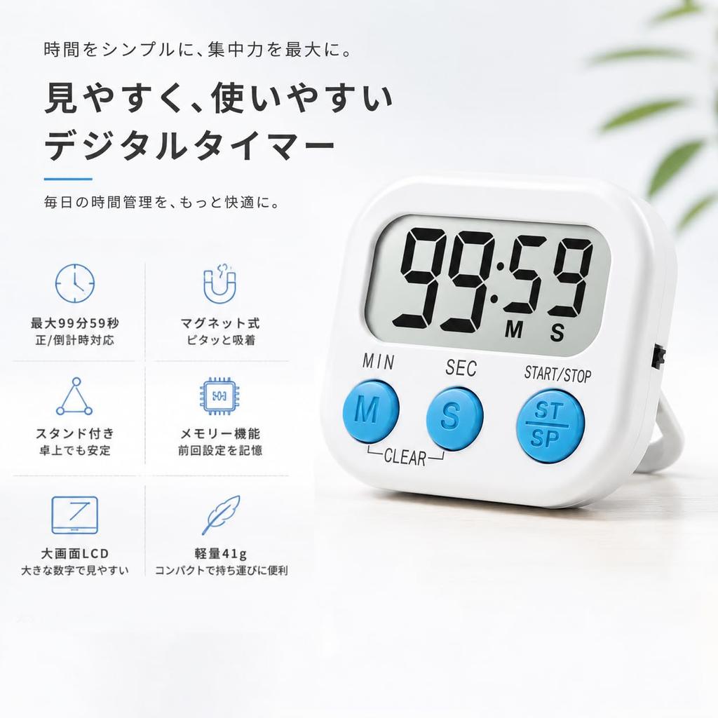[Large Display] Digital Kitchen Timer, Magnetic, 99 minutes 59 seconds, ForwardReverse Counting, Memory Function, Large LCD Screen, Stand & Wall