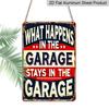 2D Flat Rustic 'What Happens in The Garage Stays in The Garage' Metal Sign, 8.0x12.0inch, Vintage Wall Decor, Durable Aluminium Plaque for Home, Bar