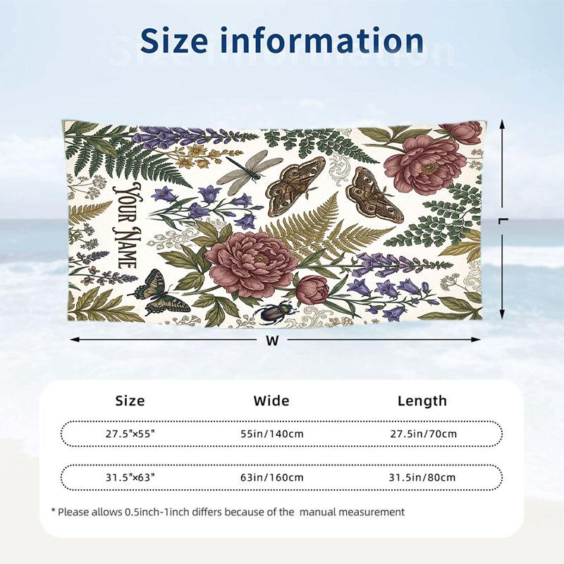 Floral Garden Theme Beach Towel Personalized Custom Name & Text Soft Quick Dry Beach Towel for Swimming Travel