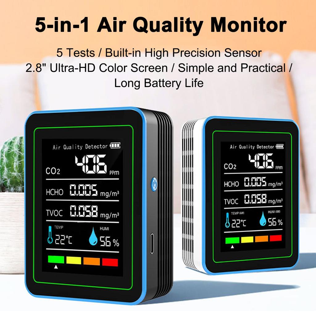 5 in 1 Indoor Air Quality Monitor Portable Detector Accurate CO2 TVOC HCHO Temperature & Humidity Air Quality Tester