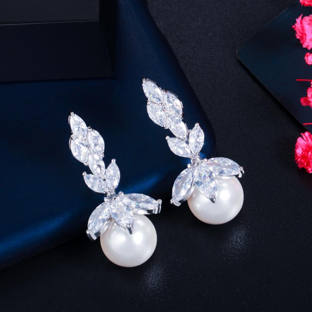 Ircons Top Quality Bling Marquise Cut Cubic Zirconia Stone Big Wedding Party Pearl Drop Earrings Jewelry for Women CZ131