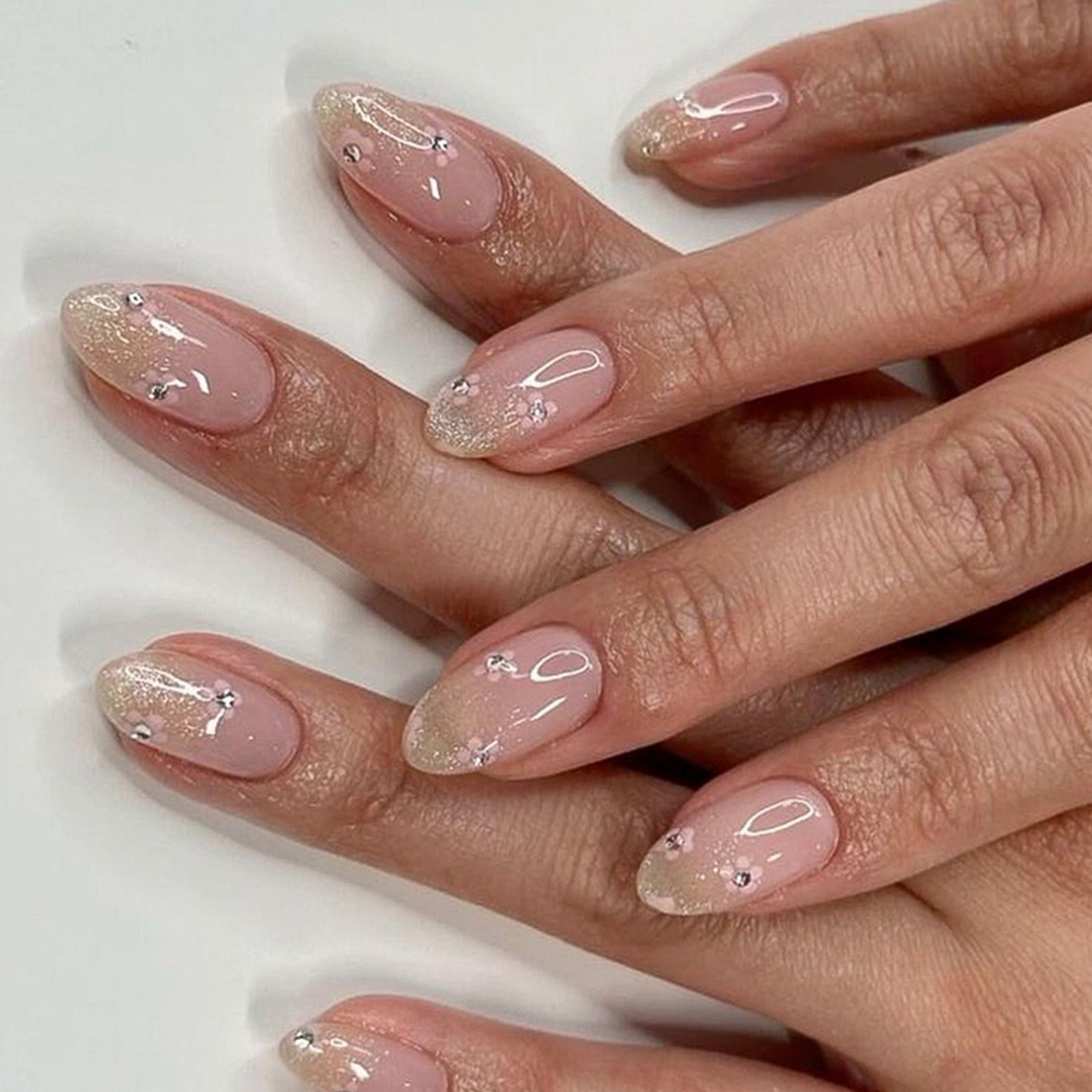 

24 шт. Короткие круглые накладные ногти с цветами, простые акриловые ногти с блестками, полное покрытие, наклейки для женщин