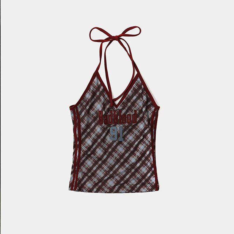 South Korea Badblood American Vintage Gyaru Sexy Plaid Cami Women Street Embroidery Niche Top Tide