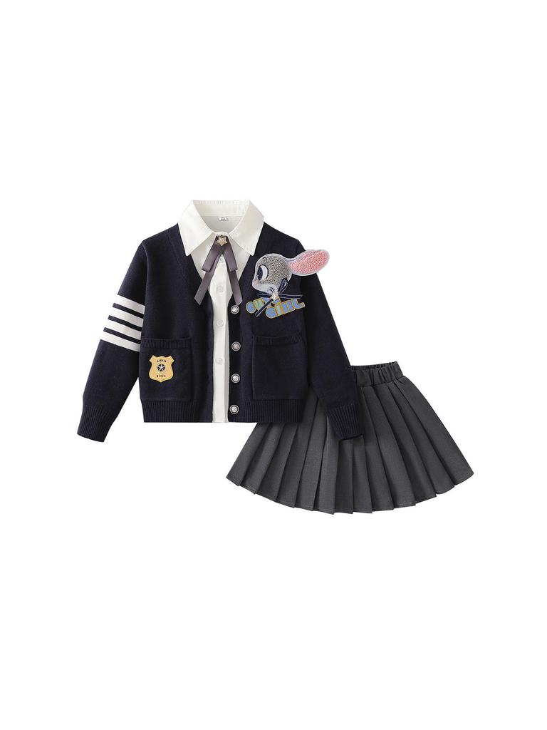 Girls' Autumn Rabbit Police Officer JK Uniform Set - Includes Woolen Pleated Skirt