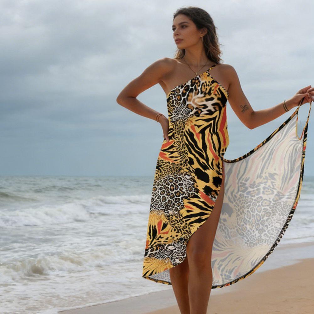 Sleeveless Shiny Beach Sundress Leopard Print Cover Up Skirts Elegant Women Wrap Up Dress  Party