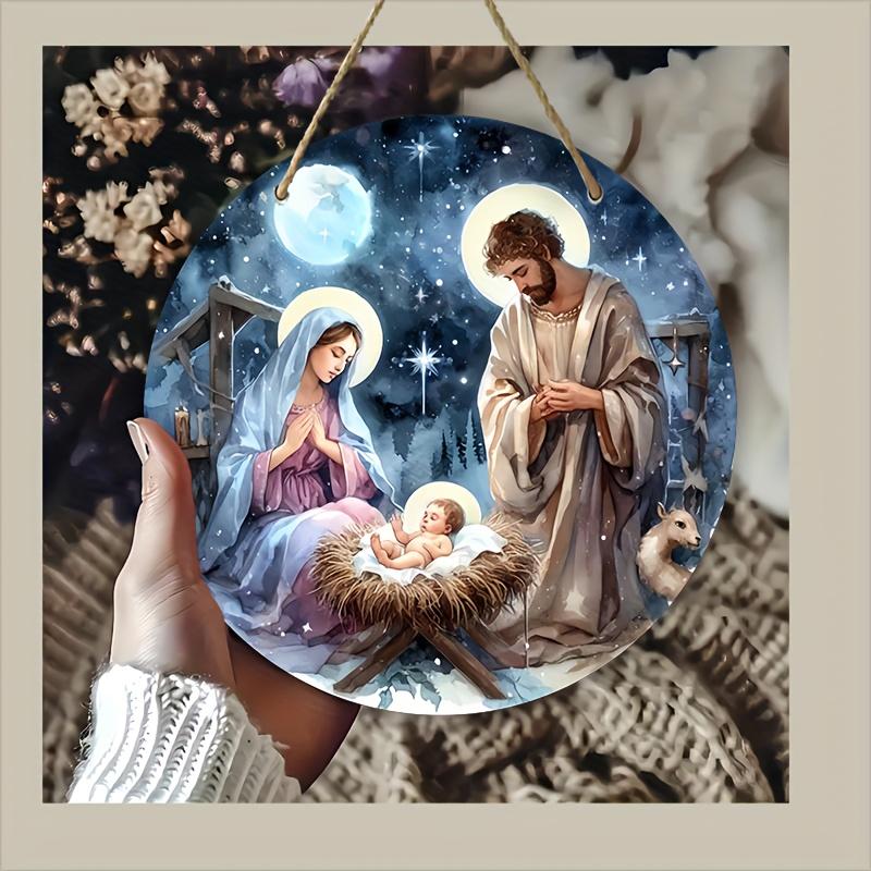 5 buc. semn rustic din lemn cu scenă a Nașterii Domnului, 20x20 cm, coroană - Sfânta Familie în iesle, perfect pentru decorațiuni de Crăciun, agățat pe ușă și perete, ideal pentru casă, cafenea