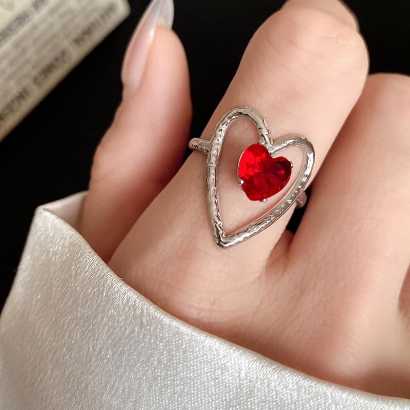 Red Zircon Smooth Heart-Shaped Open Ring Simple  Finger Rings Jewelry For Women