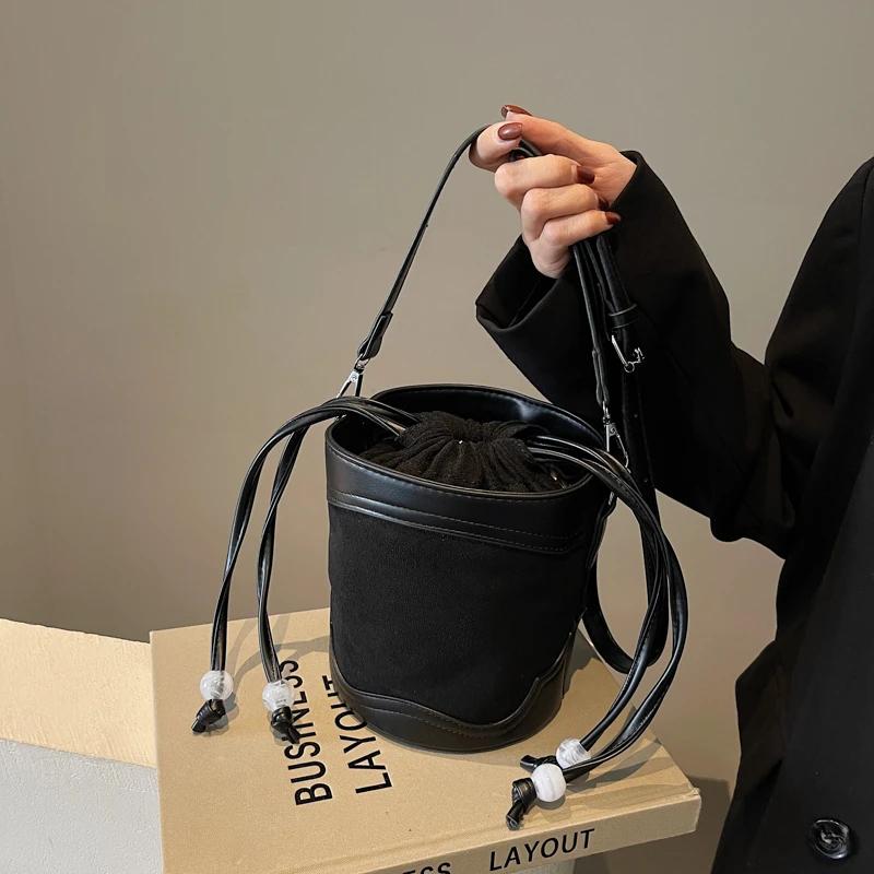 Fake Suede and PU Shoulder Bucket Bag High-quality Solid Rope Large Capacity Autumn New Style Crossbody Bag for Women