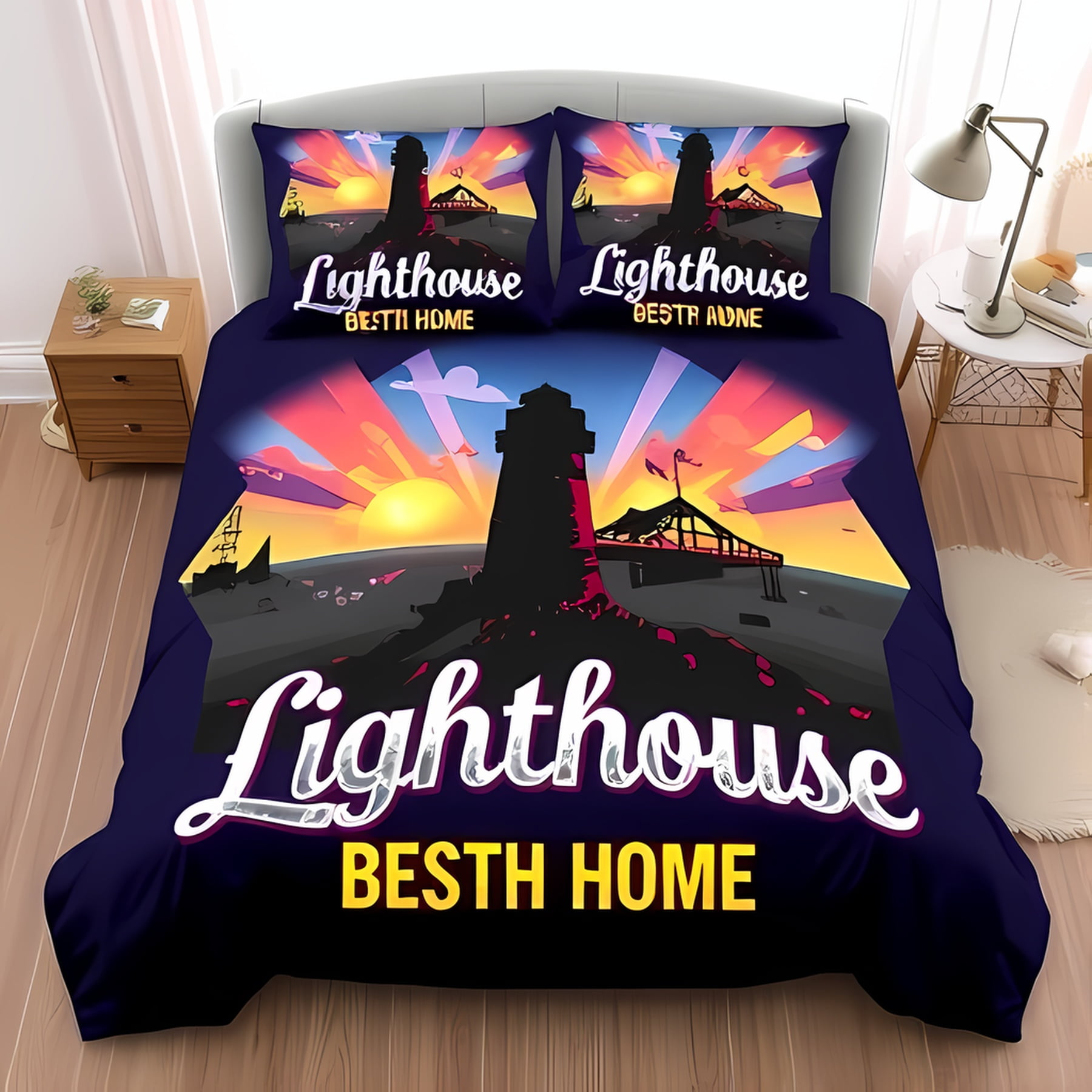 

Comforter Light Green With Whimsical Lighthouses Floral Design Bedding Ensemble Suitable Children Kids And Adults Warm Comforter (quilt)-EU Single(135*200cm)3pcs