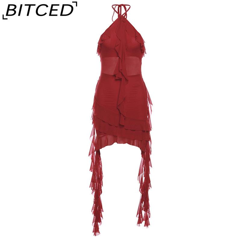 

BITCED Autumn/Winter Women s Solid-Colour Slim-Fit High-Waisted Streetwear Halter Neck Backless Dress L червоний