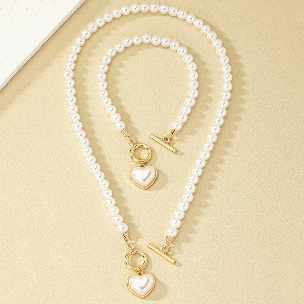 Crystal Necklace Bracelet Set Beaded Pearl Necklace Set Romantic Heart Pendant Jewelry Set Women