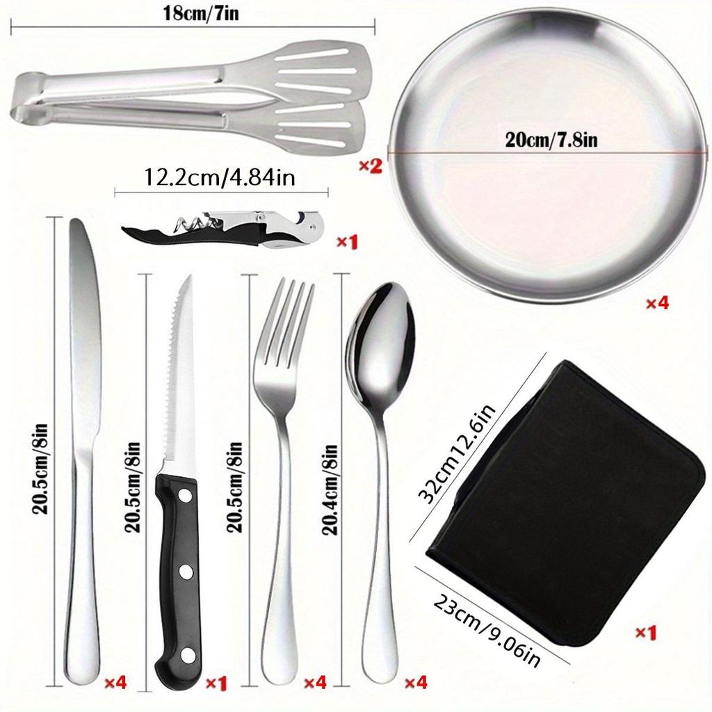 Stainless Steel Outdoor Cutlery Set with BBQ Plate, Tongs, Camping Knife, Fork, Spoon, and Portable Storage Bag
