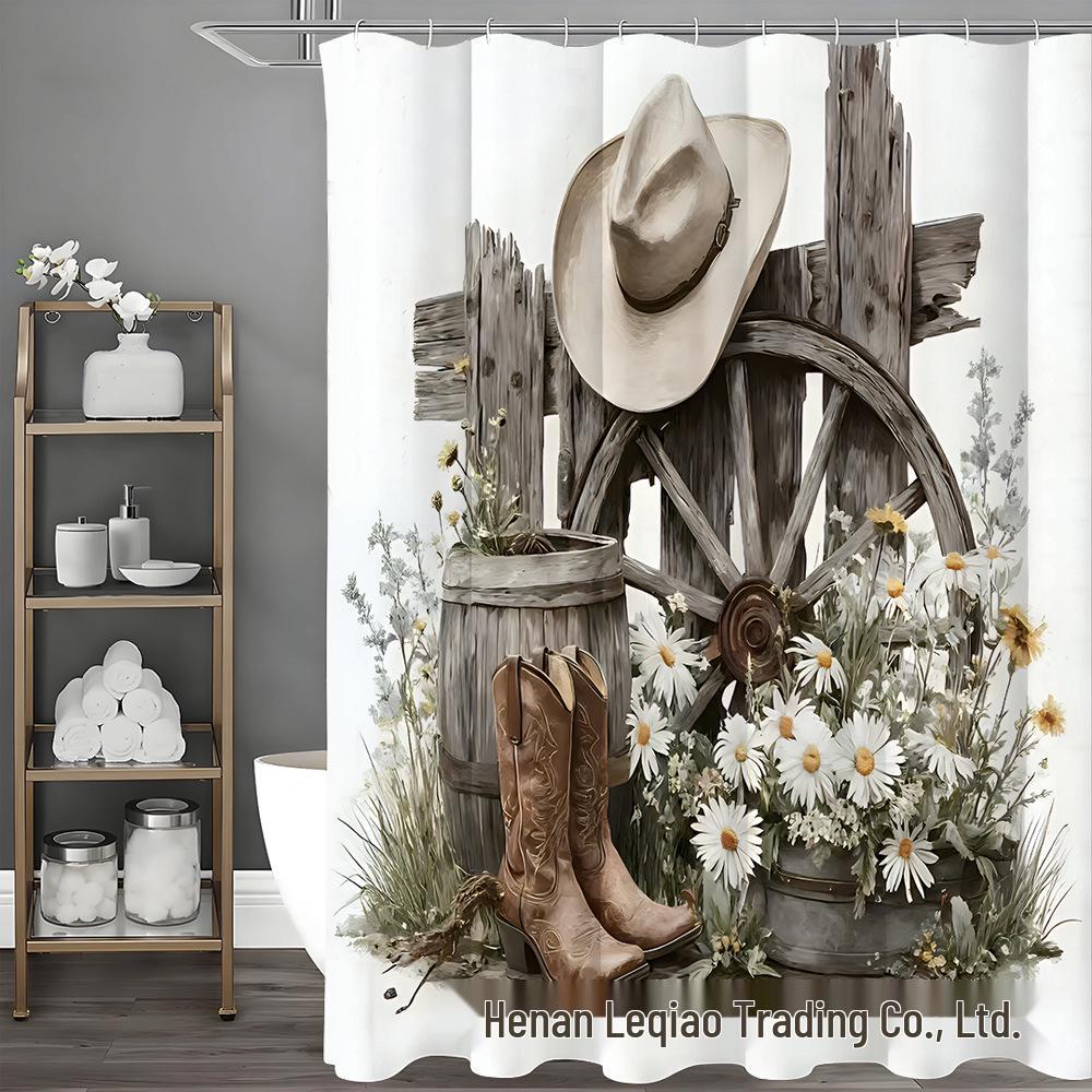 Farmhouse Market Design 4-Piece Bathroom Shower Curtain Set with 12 Hooks, Country Style Home Decor