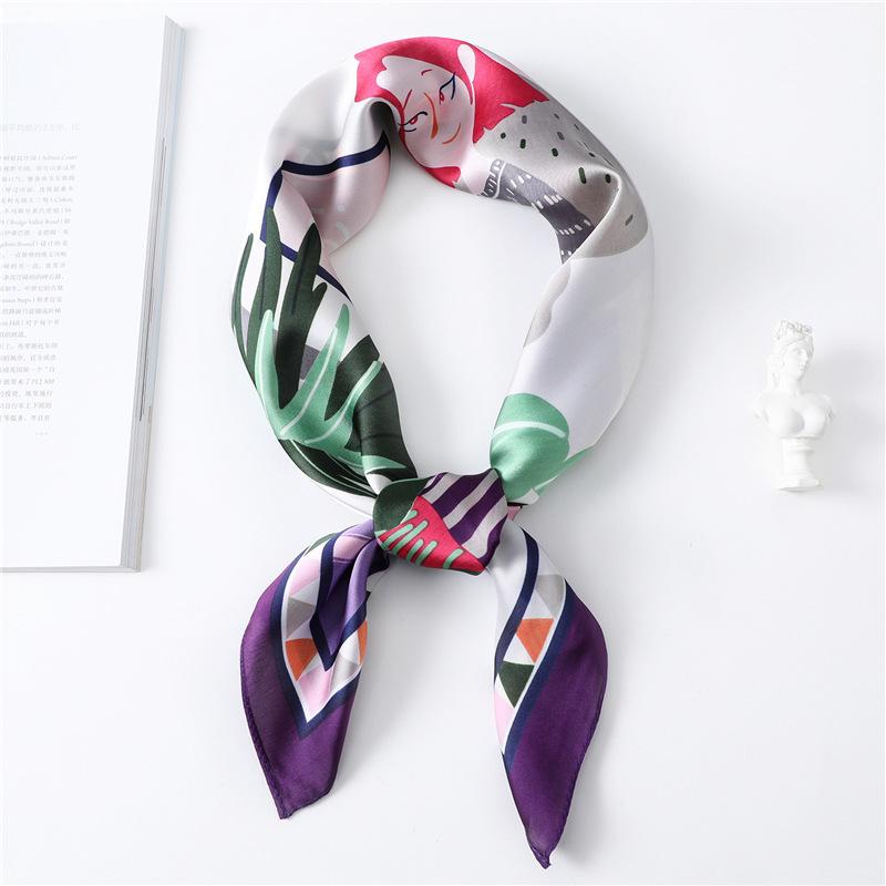 French romantic silk scarf women's cartoon character scarf simulation silk versatile decorative scarf autumn and winter scarf new