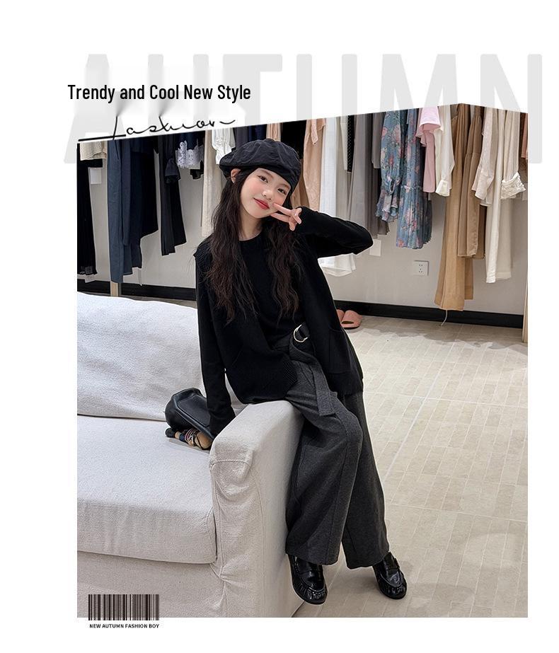 Mädchen Set im koreanischen Stil: Schwarze Strickweste mit Weitbeiniger Hose und Langarmshirt - Ankunft Herbst 2026