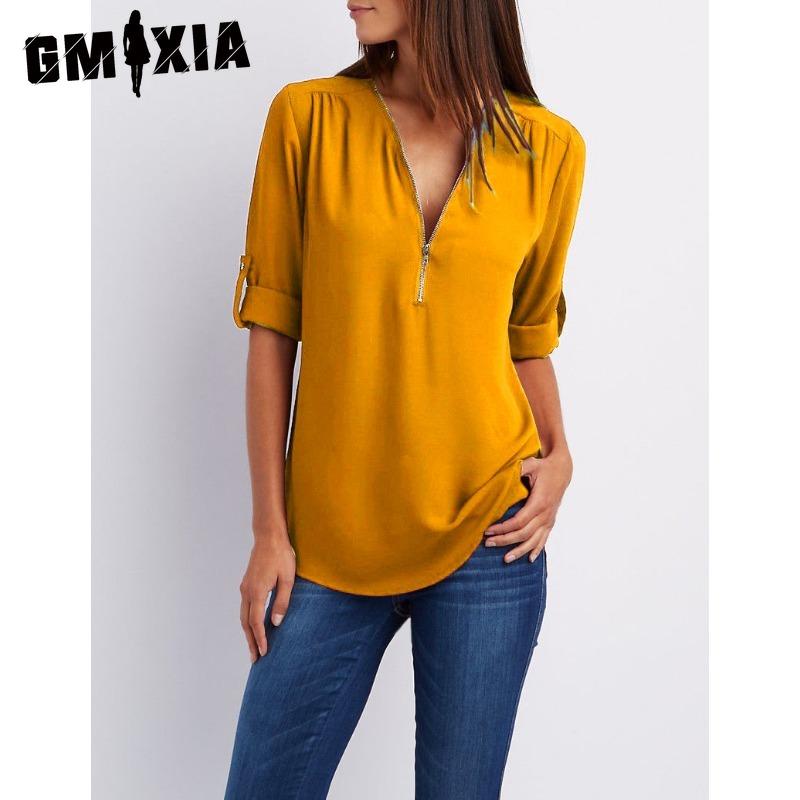

GMXIA Женские модные повседневные однотонные блузки и рубашки с длинным рукавом и v-образным вырезом с принтом XXL жёлтый