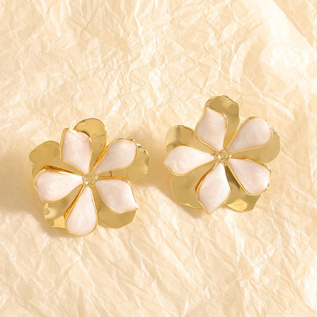 New oil flower earrings simple design sense hollow double-layer petal earrings temperament stud earrings jewelry
