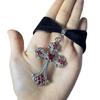 Gothic Velvet Choker with Floral Pattern and Colorful Cross Pendant