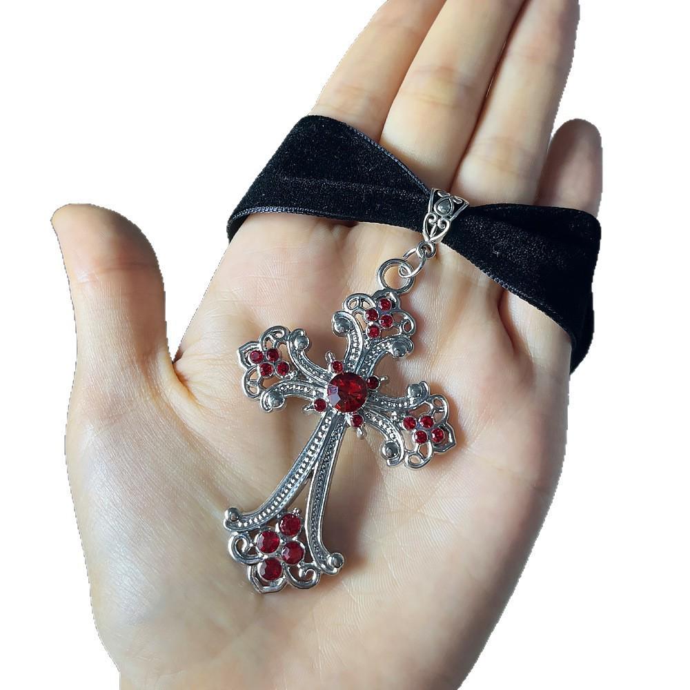 Gothic Velvet Choker with Floral Pattern and Colorful Cross Pendant