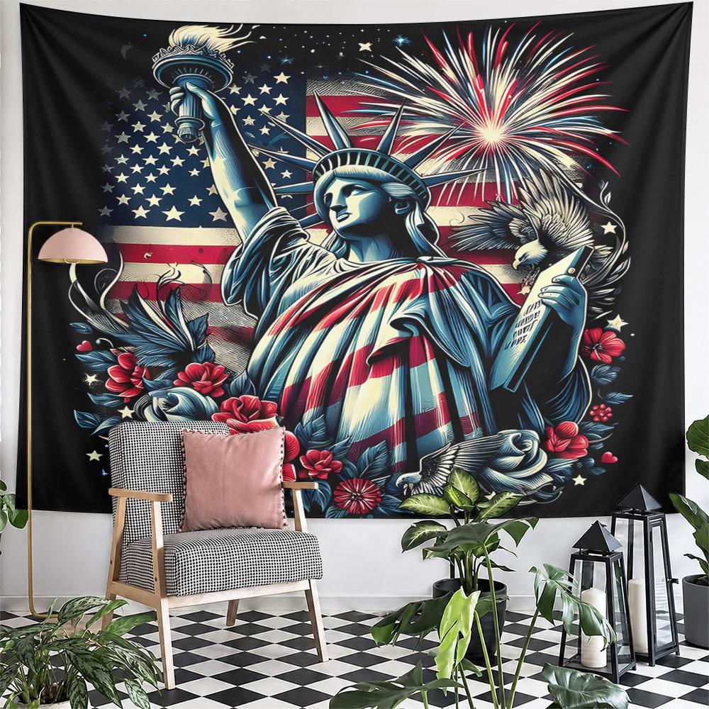 Statue of Liberty with Flag and Fireworks Pattern Wall Hanging Tapestry Decorative Tapestry Home Decor for Bedroom and Living Room