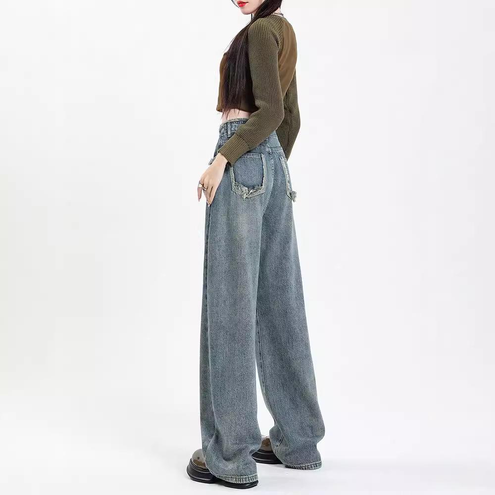Women's American Retro Wide-Leg Jeans, High Waist, Straight Loose Fit, Floor-Length, Spring/Autumn 2023 Design 
