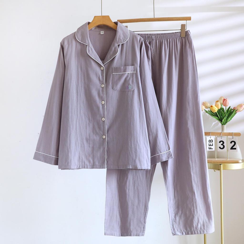 Women's Lightweight Cotton Gauze Pajama Set - Spring/Summer Long Sleeve Cardigan