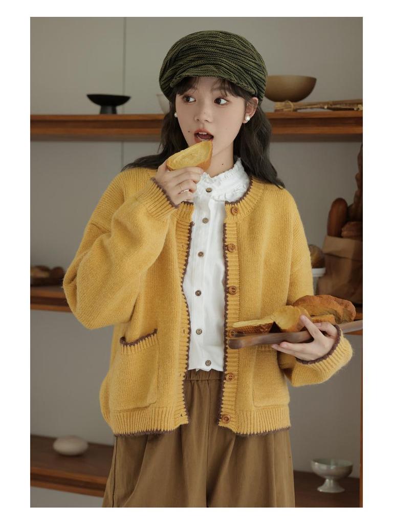 Vintage žlutý pletený kardigan v japonském stylu - Volný střih, Jednořadé zapínání, Malá velikost, Kapsy