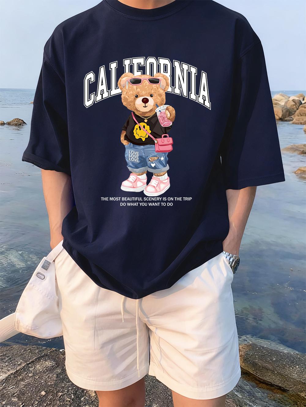 

California Fashion Bear Prints TShirts Women Summer Cotton Tops ONeck Comfortable Loose Short Sleeve Tees Casual Woman Clothes 4XL
