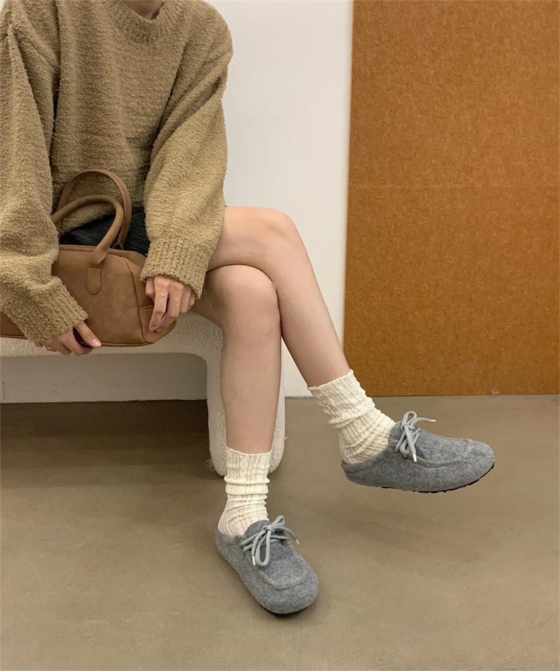 Retro Late Evening Wind Velcro Gray Felt Bag Head Half Slippers Women Wear Autumn and Winter Pedal Platform Shoes