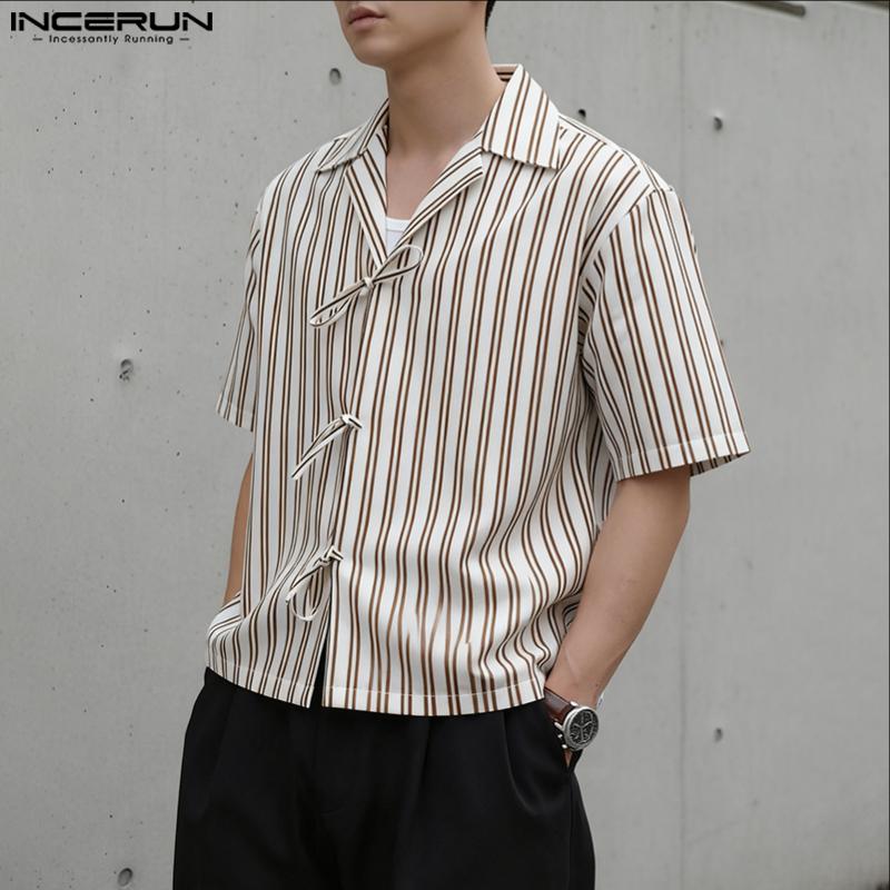 INCERUN Men Lapel Neck Short Sleeve Bow Knot Striped Casual Shirts Tops
