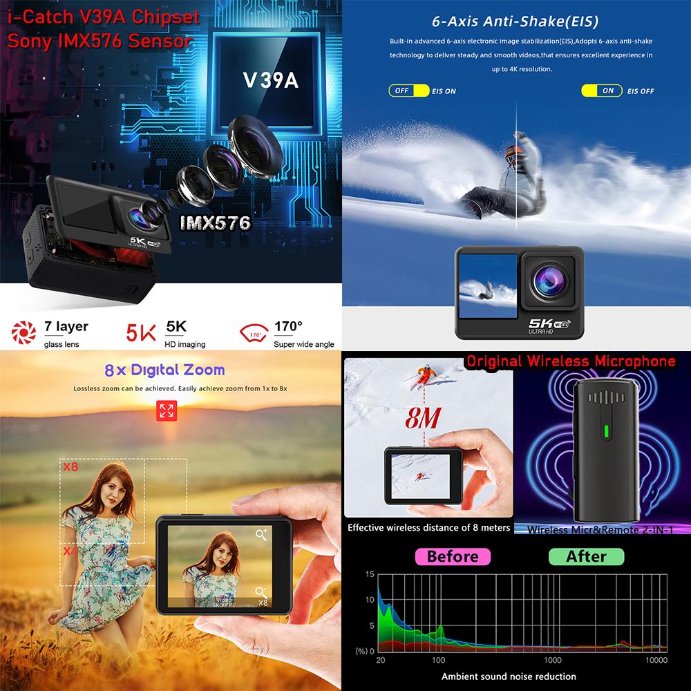 

Action Camera 5K 4K60FPS EIS 48MP Wi-Fi Dual Screen 170D 8X Zoom Pre Record 30M Waterproof Sport Camera With Sony IMX576 Lens As Option Only