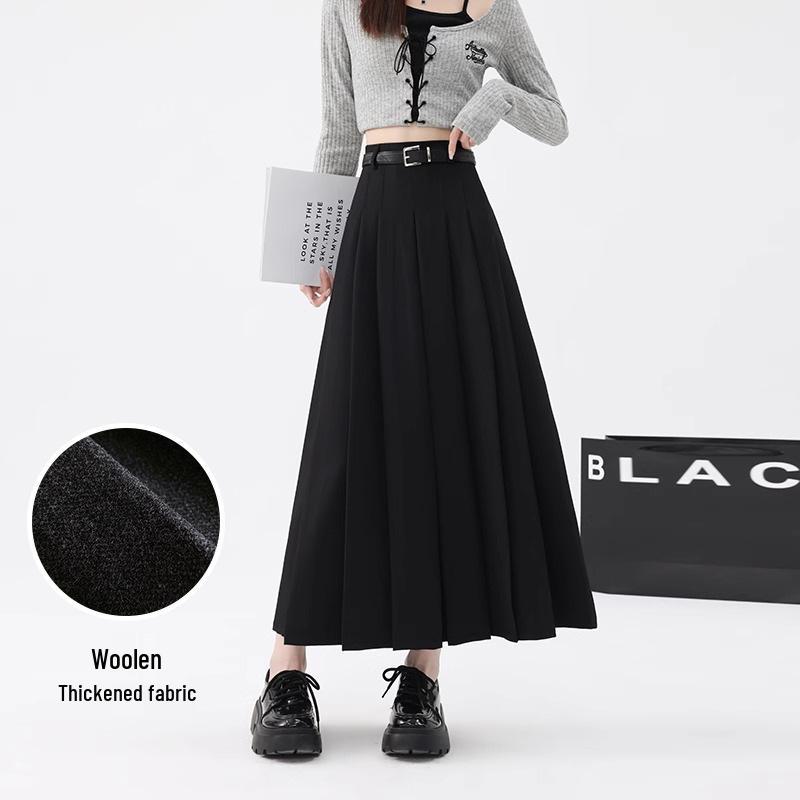 Women's High Waist Gray A-Line Pleated Mid-Length Skirt - Spring, Summer, Autumn 2025
